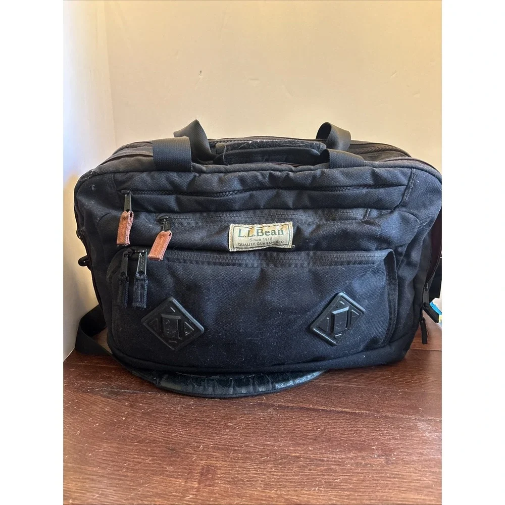 LL Bean Black Canvas‎ Messenger Laptop Shoulder Strap Handle Bag 294131